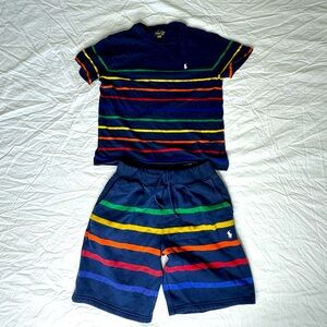 Polo Ralph Lauren Boys Navy Blue Rainbow Stripes Shorts T Shirt Set Size L 14-16